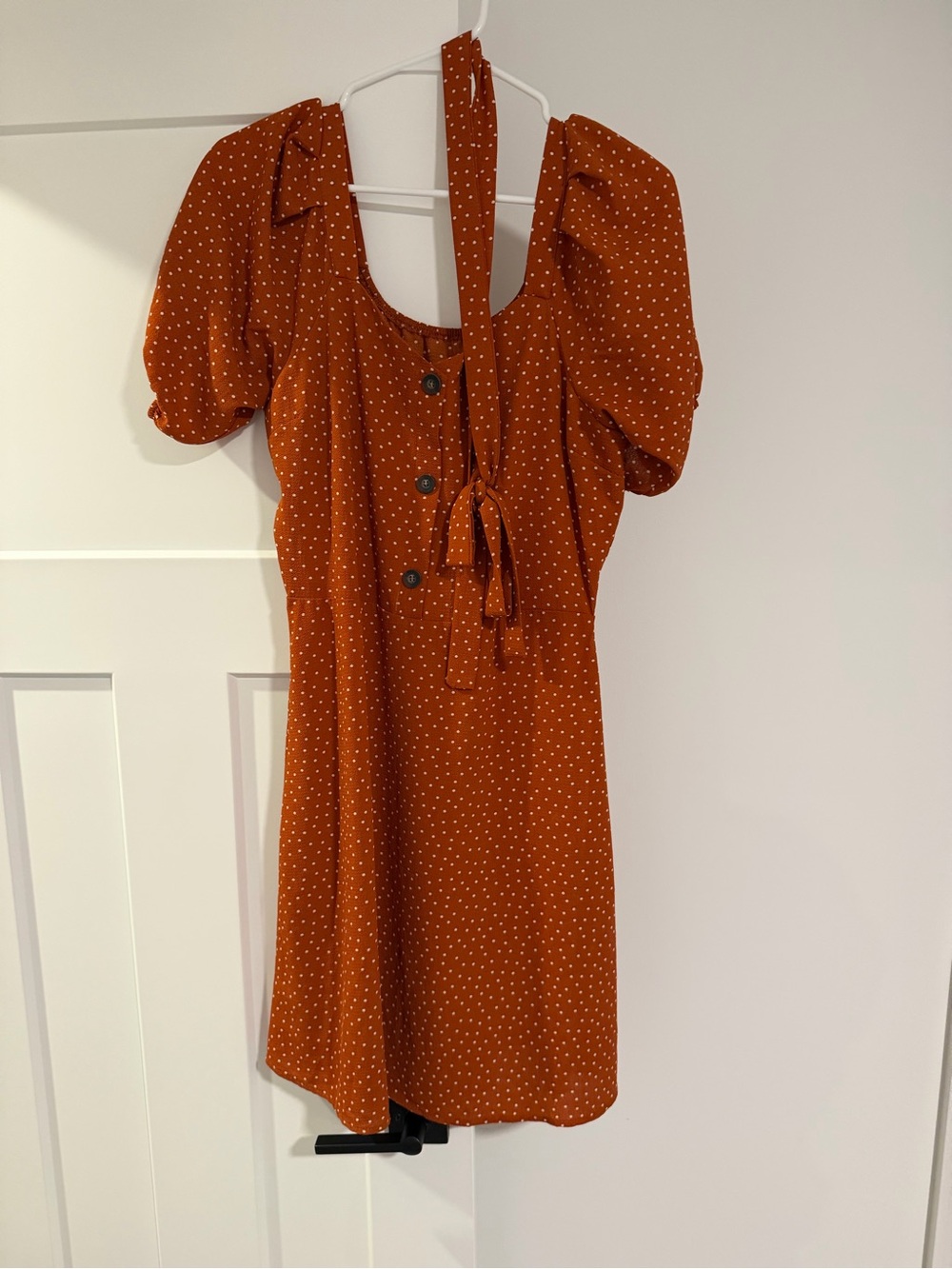 Puff Sleeve Rust Polka Dot Mini Dress with Button Front